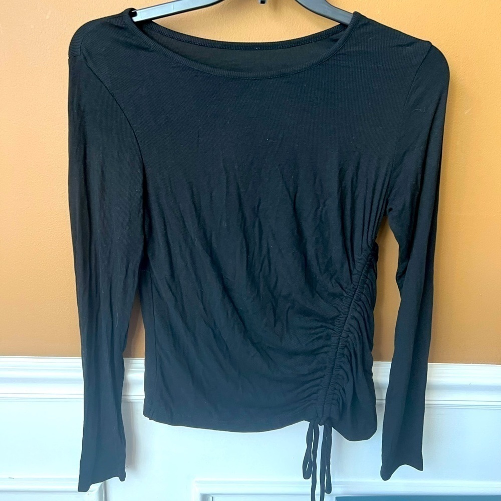 Women’s Black Ruched Ribbed Long Sleeve Tee Size Large Y2K 90s